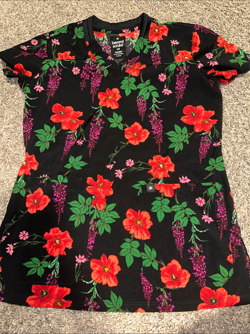 Beyond Scrubs Women's Black Floral V-Neck Medical Scrub Top